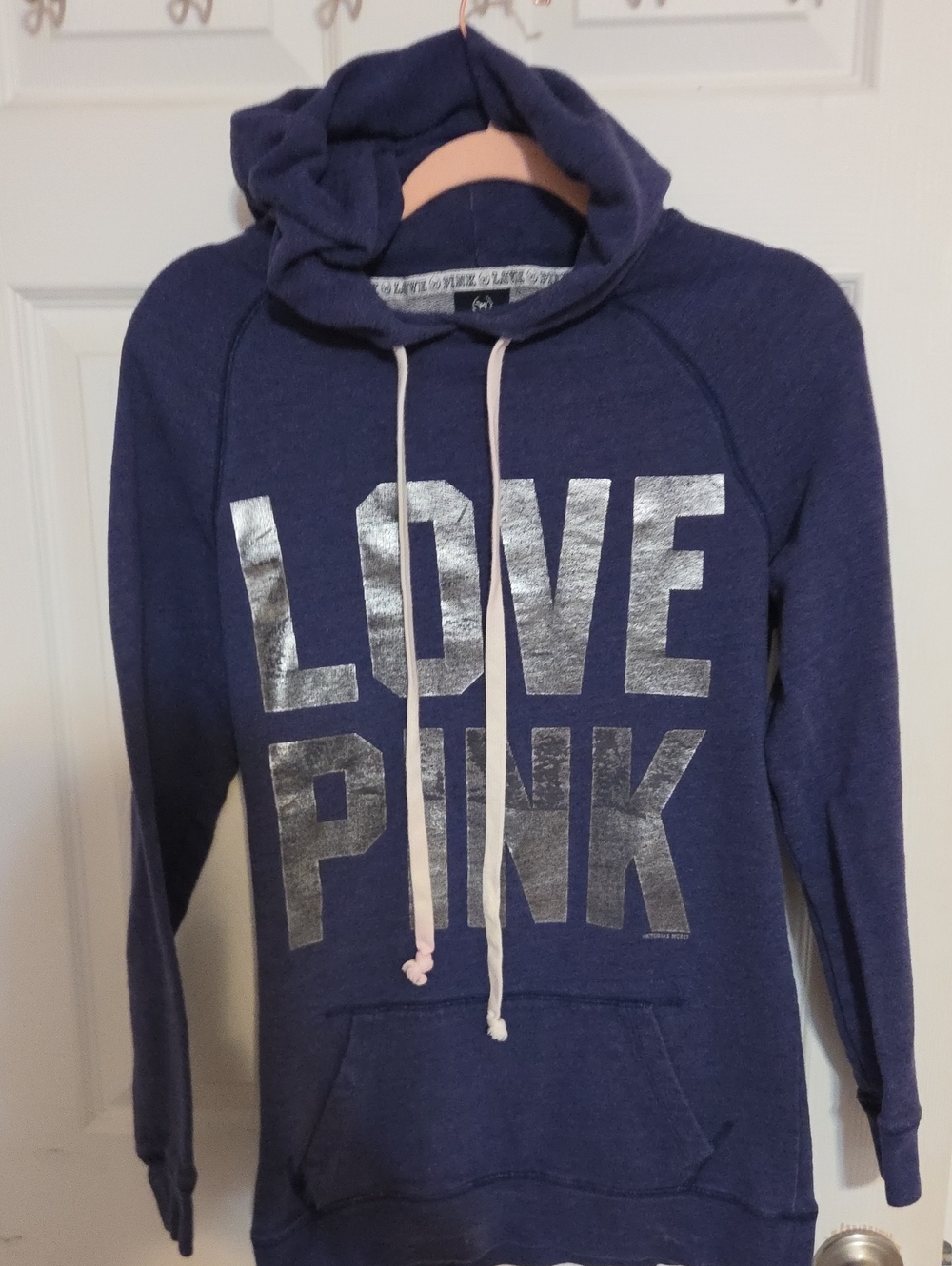 PINK Victoria's Secret Blue Hoodie with Silver LOVE PINK Print Vintage